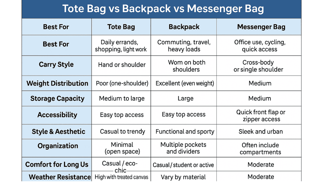 Tote Bag vs Backpack vs Messenger Bag